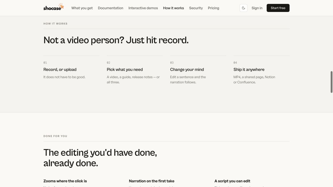 The How it works section: record or upload, pick what you need, edit, and share.