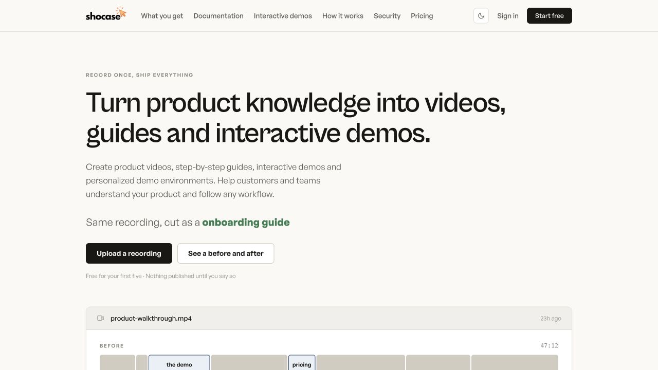 Shocase public homepage introducing videos, guides, interactive demos and demo environments.